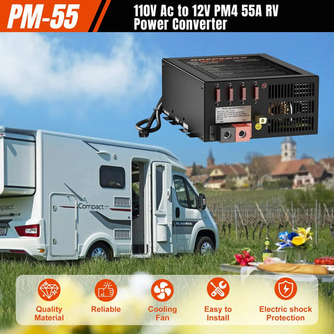Dang Tough 55 Amp RV Power Converter with 110V AC to 12V DC in front of a camper, showcasing installation and functionality.