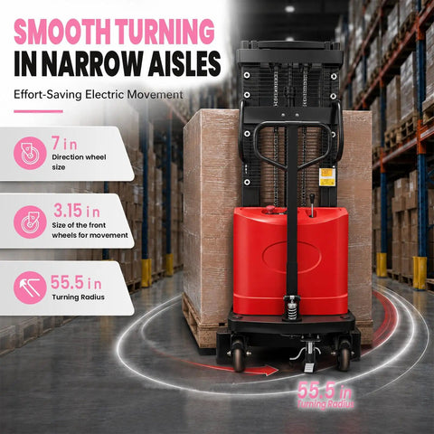 Heavy Duty Electric Pallet Stacker With 1.6Kw Motor And Steel Frame Walkie Forklift for narrow aisles with 55.5in turning radius.