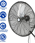 High Velocity 6500 CFM Wall Mounted Fan For Industrial Spaces, 24 Inch Air Circulator with quick setup icons, UL listed