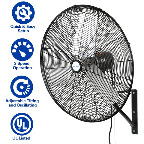 High Velocity 6500 CFM Wall Mounted Fan For Industrial Spaces, 24 Inch Air Circulator with quick setup icons, UL listed