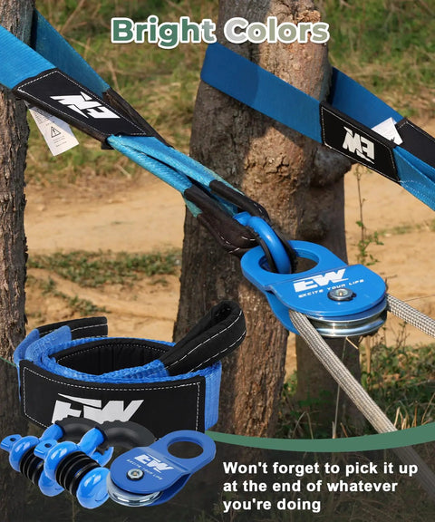 Offroad Recovery Kit With 10 Ton Snatch Block, Tree Saver, D Ring And Storage Bag To Help You Recover A Stuck Vehicle, Heavy Duty Winch Accessories For Trail Riding And Overland Adventures blue tree saver strap with snatch block