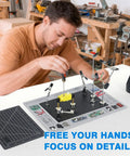 Magnetic Helping Hands Soldering Station For PCB Repair With Large Base And Heat Resistant Mat Six Flexible Arms used by person