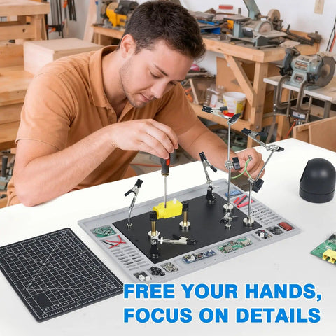 Magnetic Helping Hands Soldering Station For PCB Repair With Large Base And Heat Resistant Mat Six Flexible Arms used by person
