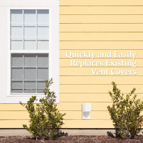 Energy Saving Dryer Vent Closure No Brainer Outdoor Vent Cover with Self Sealing Design on yellow siding next to window.