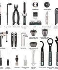 All In One 33 Piece Bike Tool Kit For Road And Mountain Bikes And E Bike Repairs Home Mechanic Friendly Repair Set With Tire Levers Chain Tool Crank Puller Brake Tools Pedal Tools Hex Keys And Screwdrivers In Portable Case displayed with individual tools labeled and arranged.