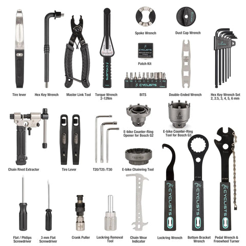 All In One 33 Piece Bike Tool Kit For Road And Mountain Bikes And E Bike Repairs Home Mechanic Friendly Repair Set With Tire Levers Chain Tool Crank Puller Brake Tools Pedal Tools Hex Keys And Screwdrivers In Portable Case displayed with individual tools labeled and arranged.