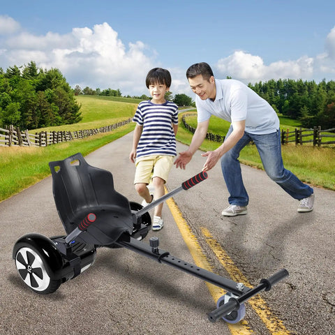 Hoverboard Seat Attachment With Adjustable Straps Go Kart Conversion For Adults And Kids Fits 6.5 8 And 10 Inch self balancing scooters in black on rural road with adult and child