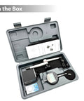 Clockwise Tools digital indicator with magnetic base stand in a gray carry case; 0-1 in range, inch/metric conversion.