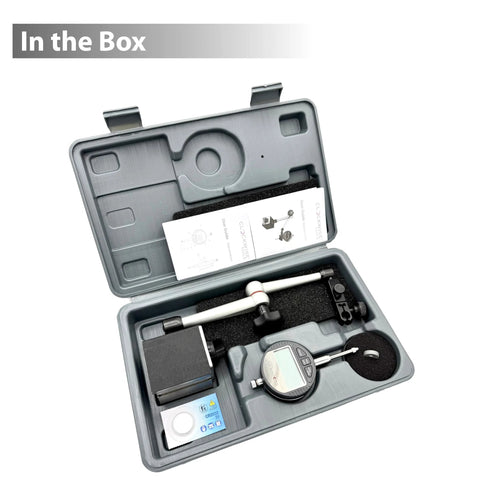 Clockwise Tools digital indicator with magnetic base stand in a gray carry case; 0-1 in range, inch/metric conversion.