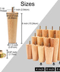 Six Inch Straight Wood Furniture Legs Set Of Eight for Sofa Couch Table Cabinet Chair Dresser Bed Or Ottoman Replacement Legs Durable Rubber Wood With Varnish Finish And Easy Install shown with size dimensions and mounting hardware.