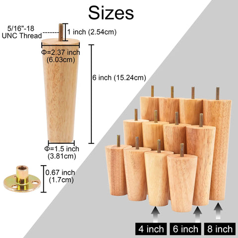 Six Inch Straight Wood Furniture Legs Set Of Eight for Sofa Couch Table Cabinet Chair Dresser Bed Or Ottoman Replacement Legs Durable Rubber Wood With Varnish Finish And Easy Install shown with size dimensions and mounting hardware.