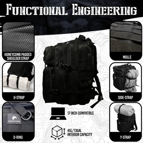 Elite 45L Tactical Backpack For Work And Missions, Three Times Stronger Heavy Duty Army Grade Gear, Water Resistant MOLLE Bag