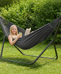 Durable Outdoor Hammock With Space Saving Steel Stand Adjustable Height 475 Lbs Capacity Weather Resistant Poly Cotton Fabric