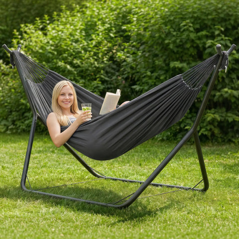 Durable Outdoor Hammock With Space Saving Steel Stand Adjustable Height 475 Lbs Capacity Weather Resistant Poly Cotton Fabric