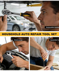Man using 209 Piece Home And Auto Repair Tool Kit With Wrench Set And Essential Hand Tools For DIYers Homeowners And Handymen On The Go In A Portable Toolbox for car maintenance and furniture assembly.