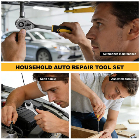 Man using 209 Piece Home And Auto Repair Tool Kit With Wrench Set And Essential Hand Tools For DIYers Homeowners And Handymen On The Go In A Portable Toolbox for car maintenance and furniture assembly.
