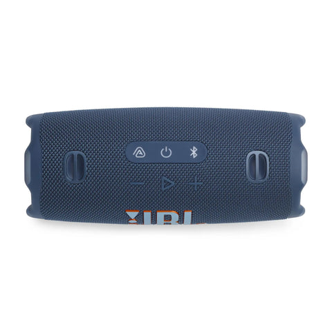 Front view of Charge 6 Portable Waterproof Bluetooth Speaker With AI Sound Boost, rubber buttons, rugged design, blue color.