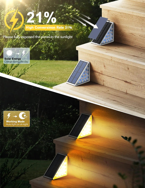 Solar Step Lights For Outdoors Waterproof IP67 Stair And Deck Lights Pack Of 6 installed on wooden stairs at night