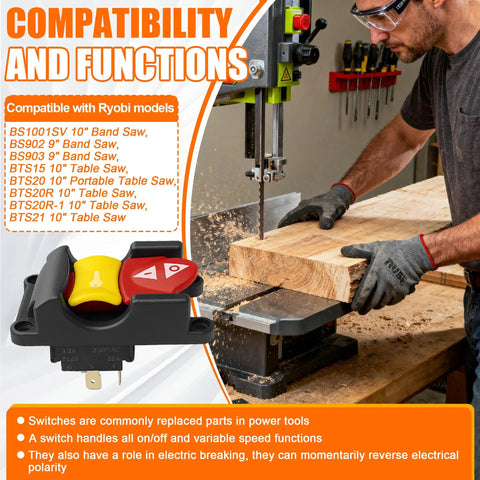 No Sweat Table Saw Paddle Switch Replacement With True Dual Voltage 125V And 250V showing compatibility with various Ryobi models.