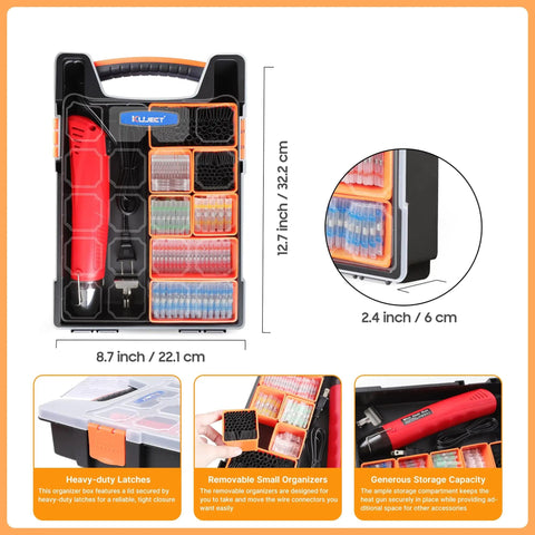 Open case of All-In-One Compact Heat Shrink Gun Kit With 820 Solder Seal Connectors And Heat Shrink Tubing, showing contents and dimensions.