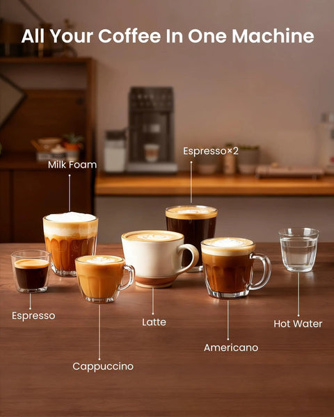 Top Shelf Automatic Espresso Machine With Built In Grinder And Touch Panel For Fire Lattes And Creamy Cappuccinos Fuel Daily Sips At Twenty Bar Across Fifteen Settings With Effortless Self Cleaning with various coffee drinks on display.