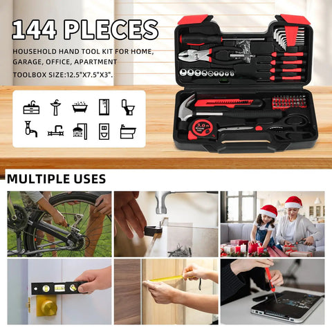 Real Deal 144 Piece Red Home Tool Set With Tough Plastic Carry Case And Essential Household Hardware Kit Featuring A Sturdy Claw Hammer Plus Assorted Screwdrivers For Apartment Garage Diy Fixes in open toolbox.