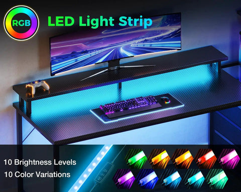 59 Inch Gaming Desk With LED Lighting, Reversible Computer Desk With Storage Shelves And Monitor Stand, Black Modern Gamer Table