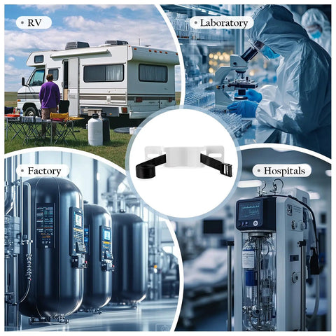 Rock Solid Heavy Duty Steel Propane Tank Holder Mount Secures 4 To 12 Inch Gas Cylinders With Safety Chain And Hardware For Garage RV Or Pickup Bed Storage In Crisp White displayed in various settings like RV, factory, laboratory, and hospitals.