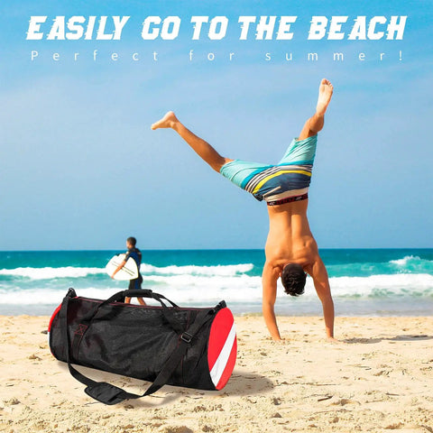 Extra Large Dive Gear Duffle Bag With Padded Removable Adjustable Shoulder Strap And Wrap Handle For Scuba Snorkeling Freediving Swimming And Beach Use Up To 120L Black Go To Gear Bag on a beach with people.