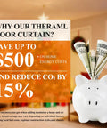 Infographic of Magnetic Thermal Door Curtain with savings and CO2 reduction, piggy bank with cash, home setting background
