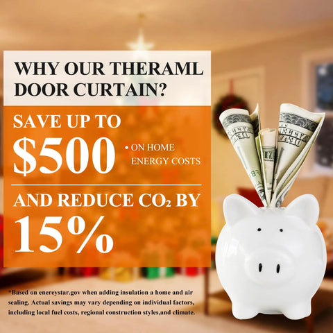 Infographic of Magnetic Thermal Door Curtain with savings and CO2 reduction, piggy bank with cash, home setting background