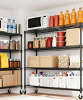 Tough As Nails 4 Tier Metal Wire Shelving Rack With Smooth Rolling Casters And Rust Resistant Matte Black Finish holding food containers and boxes.