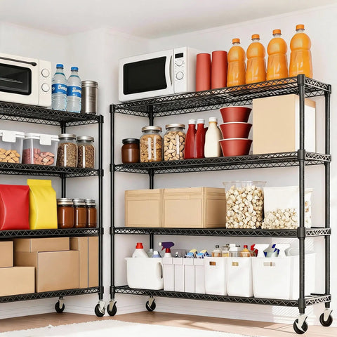 Tough As Nails 4 Tier Metal Wire Shelving Rack With Smooth Rolling Casters And Rust Resistant Matte Black Finish holding food containers and boxes.