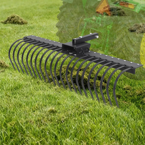 Tow Behind Landscape Rake 60 Inch Dethatcher With 21 Steel Coil Tines on Grass with Tractor Background