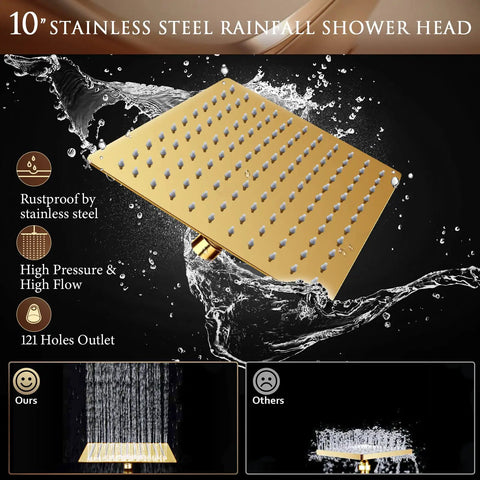 Gold Rain Shower Head And Handheld Combo With 11 Inch Adjustable Extension Arm, Five Spray Settings, high pressure flow