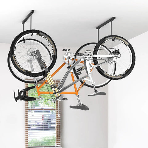 Ceiling Mounted Bike Rack For Garage With Space Saving Design, Holds 2 Bikes Horizontally, Adjustable Front Wheel Hooks