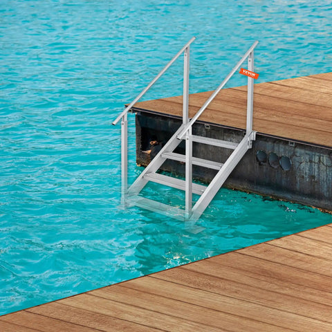 4 Step Dock Ladder With Dual Handrails 500 LB Load Aluminum Dock Stairs For Lake And Pool Adjustable Height Pontoon Boat Ladder installed on dock