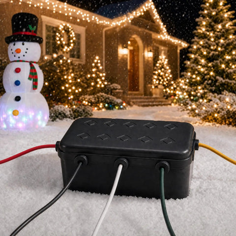 Heavy Duty Outdoor Electrical Box Enclosure 2 Pack Waterproof GFCI Adapter Cover For Power Strips And Extension Cords Built Like A Tank To Give You Rock Solid Weather Protection Always in snowy setting.