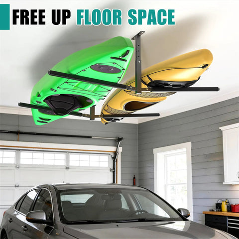 Overhead Ceiling Kayak Storage Rack For Garage Holds Two Kayaks Up To 200 Lbs Heavy Duty Universal Fit For Kayaks SUPs Surfboards Canoes And Snowboards With Foam Padding And Rust Resistant Coating installed above a car in a garage.