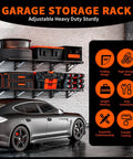 Beefy Heavy Duty Foldable Garage Shelves Wall Mounted Rack System With Removable Edge Barriers above workbench in garage