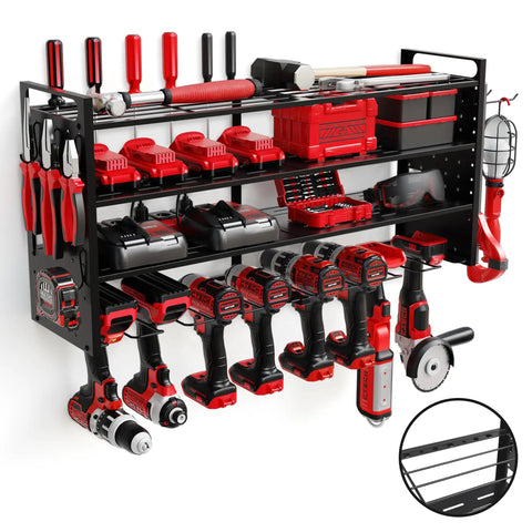 Heavy Duty Power Tool Organizer Wall Mount With Three Shelves Eight Drill Holders And Bit Holder With 300 Lb Capacity Pegboard Sides Garage Tool Storage Rack For Home Workshop Or Pro Shop