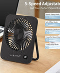Must Have Compact USB Desk Fan With LED Display 5 Speed Ultra Quiet Portable Mini Fan on desk beside laptop
