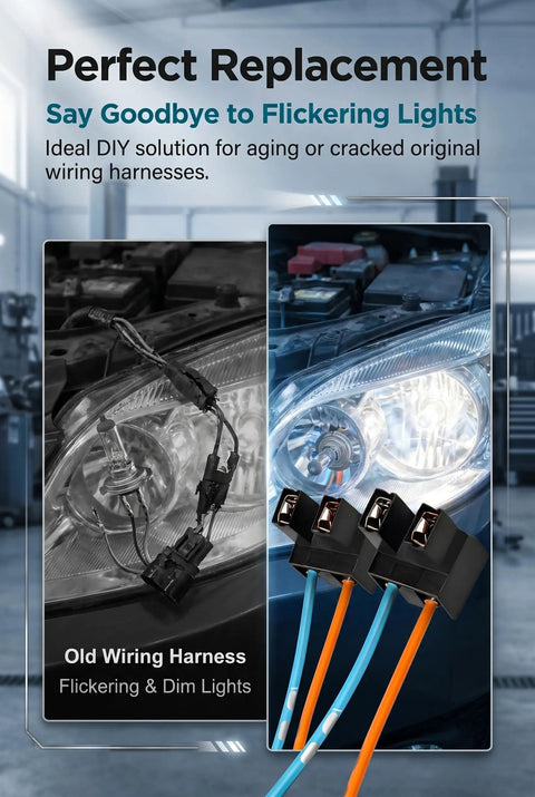 Two Pack H7 Headlight Wiring Harness With Female Wire Connector Pigtail Kit Featuring Pure Copper Terminals and Heat Tough Sockets.