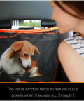 Deluxe Dog Car Seat Cover For Back Seat With Breathable Mesh Window Hammock installed in car with dog visible through mesh