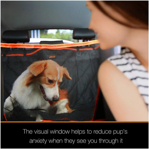 Deluxe Dog Car Seat Cover For Back Seat With Breathable Mesh Window Hammock installed in car with dog visible through mesh