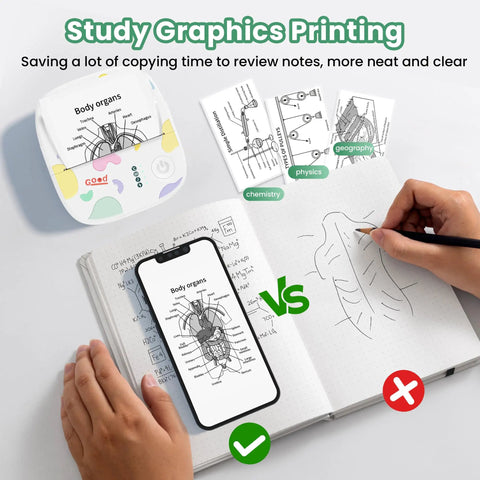 Portable Mini Sticker Printer With Bluetooth Inkless Thermal Technology, labeled diagrams, mobile phone and notebook sketches