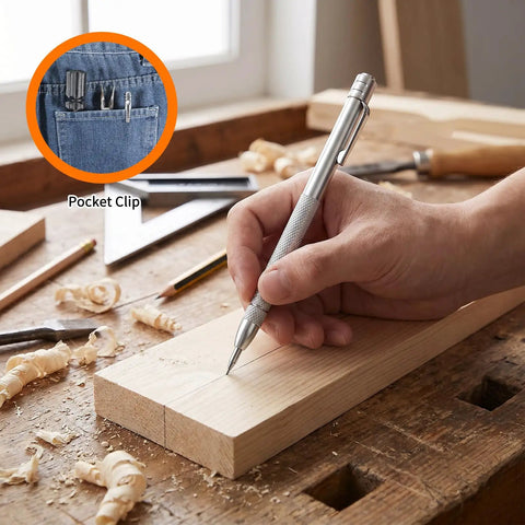 Heavy Duty Tungsten Carbide Scriber Kit With Two No Fuss Etching Pens And Twelve Spare Replacement Tips Boasting A Slick Magnetic Clip For Quick Sheet Metal Hard Steel Marking in use, marking wood.