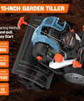 Top view of Beast 46cc 4 Cycle Gas Powered Tiller Cultivator with full crank engine on soil, showing foldable handles