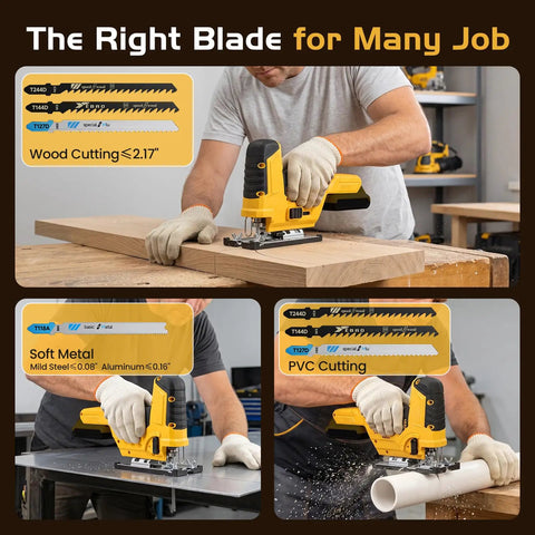 Person using Cordless Jigsaw With Brushless Motor, Barrel Grip, 7 Speed, 3 Orbital Settings for wood, metal, PVC cutting