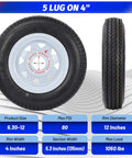 Two Pack 5.30-12 Trailer Tires On 12 Inch Rims With Five Lug On 4.5 Inch Bolt Pattern, side and front view, product specifications.